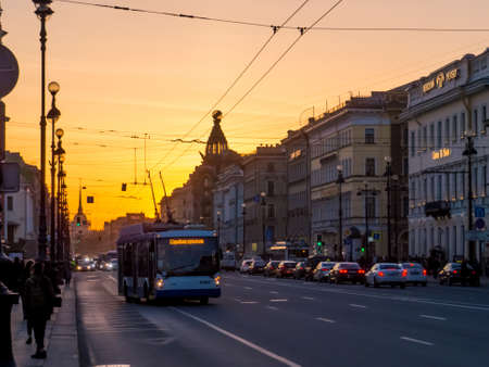 ST. PETERSBURG, RUSSIA - APRIL 13, 2018: View of the famous Nevsky Prospect at sunset with the Admiralty in the background.のeditorial素材
