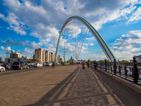 ASTANA, KAZAKHSTAN - JUNE 21, 2018: View of the Ramstore Arch Bridge on Qabanbay Batyr Ave.