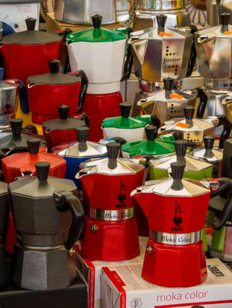 ROME, ITALY - JULY 26, 2018: Stovetop Espresso Mocha Coffee Makers on sale in the Campo de' Fiori market.のeditorial素材