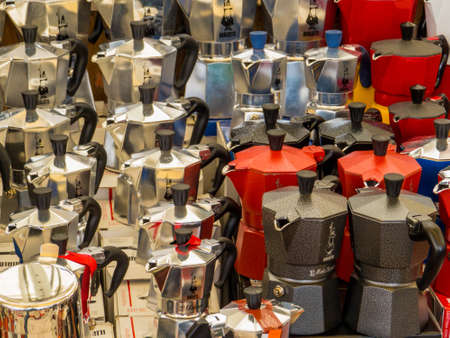 ROME, ITALY - JULY 26, 2018: Stovetop Espresso Mocha Coffee Makers on sale in the Campo de' Fiori market.のeditorial素材
