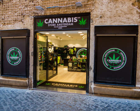ROME, ITALY - JULY 26, 2018: View of the "Cannabis Store Amsterdam" in Via dei Giubbonari.のeditorial素材