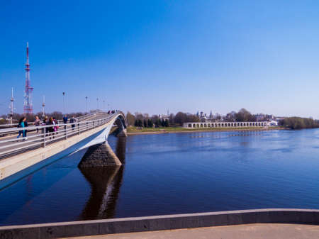 VELIKY NOVGOROD, RUSSIA - APRIL 24, 2019: View of the Kremlin Bridge over the Volkhov River.のeditorial素材