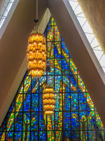 View of the interior of the Arctic Cathedral (Norwegian: Ishavskatedralen) in Tromso, Norwayのeditorial素材