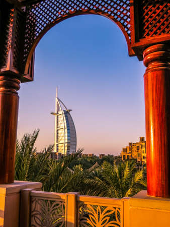 View of the famous luxury hotel Burj Al Arab in Dubai, United Arab Emiratesのeditorial素材