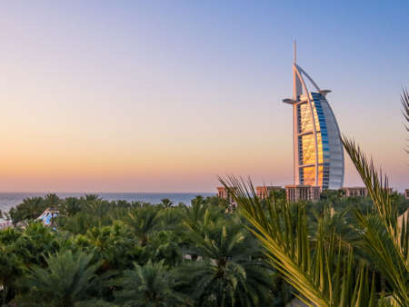 View of the famous luxury hotel Burj Al Arab in Dubai, United Arab Emiratesのeditorial素材