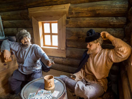 View of the interior of a traditional Siberian wooden house in the Taltsy Architectural-Ethnographic Museum. In Irkutsk, Russiaのeditorial素材