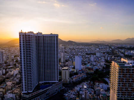 Nha Trang, Vietnam - December 24, 2019: Sunset aerial view of the downtown.