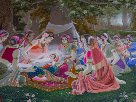 Pattaya, Thailand - January 6, 2020: "Queen Siri Mahamaya gave birth to a child" painting in the Anek Kusala Sala Chinese Temple (or Viharnra Sien).のeditorial素材