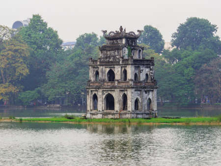 View of the Tourist Tower in the Hoan Kiem Lake in Hanoi, Vietnamのeditorial素材
