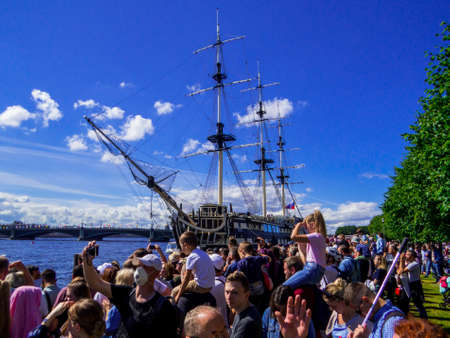 St. Petersburg, Russia - July 26, 2020: People watching the annual celebrations for the Navy Day on...