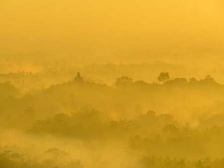 Magical sunrise over the Borobudur Temple in Central Java, Indonesiaの写真素材