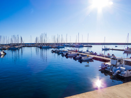 View of the port of La Caletta in Sardinia, Italyの写真素材
