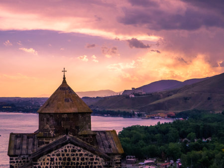 View of the Sevanavansk Monastery on the Lake Sevan in Armeniaの写真素材