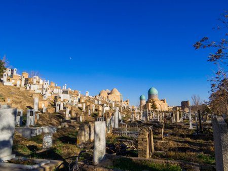 View of the Shah-i-Zinda (English translation: The Living King) Elite Cemetery. In Samarkand, Uzbekistanの写真素材