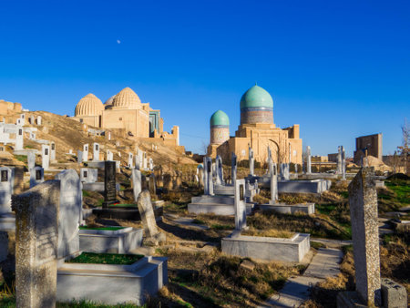 View of the Shah-i-Zinda (English translation: The Living King) Elite Cemetery. In Samarkand, Uzbekistanの写真素材