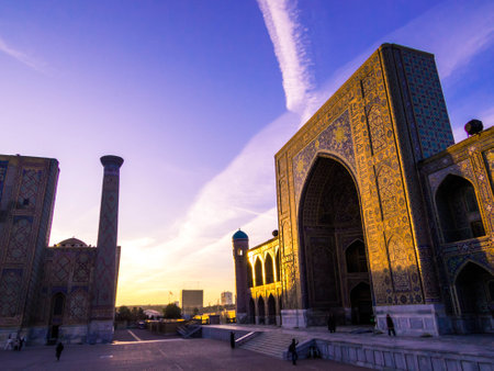 Sunset over Registan Square. In Samarkand, Uzbekistanの写真素材
