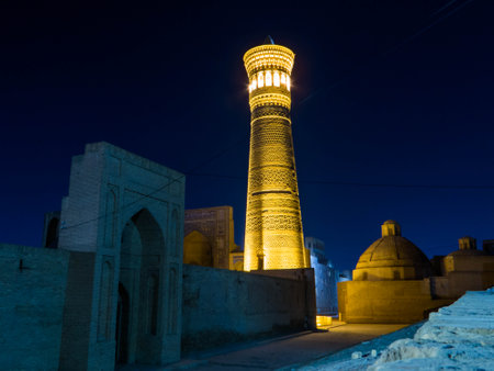 Night view of the Kalon Mosque in Bukhara, Uzbekistanの写真素材