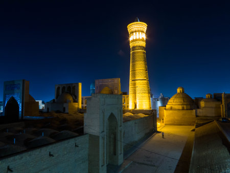Night view of the Kalon Mosque in Bukhara, Uzbekistanの写真素材