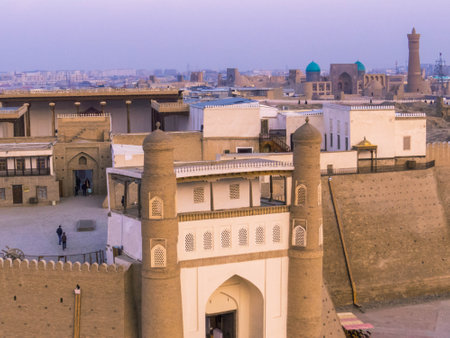 Aerial view of the Ark of Bukhara with the old town in the backgroundの写真素材