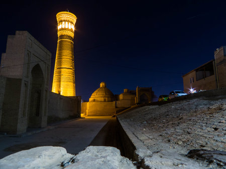 Night view of the Kalon Mosque in Bukhara, Uzbekistanの写真素材