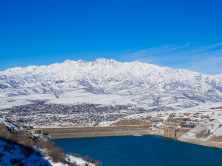 Winter view of the Charvak Reservoir, Uzbekistanの写真素材