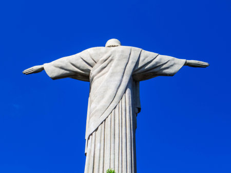 Back view of the Christ the Redeemer statue on Corcovado Mountain. In Rio de Janeiro, Brazilの写真素材