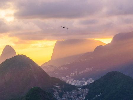 Amazing sunset view from the top of the Sugarloaf Mountain in Rio de Janeiro, Brazilの写真素材