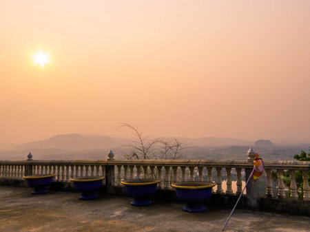 Sunset view from the Wat Phrathat Doi Khao Kwai. In Chiang Rai, Thailandの写真素材