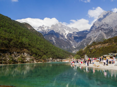 View of the Blue Moon Valley and the Jade Dragon Snow Mountain (or Yulong Snow Mountain). In Lijiang, Yunnan, Chinaの写真素材