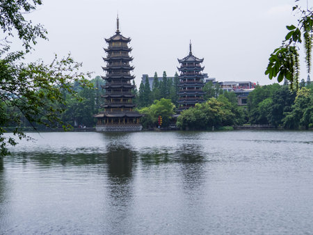 View of The Sun and Moon Pagodas on the Shan Lake. In Guilin, Chinaの写真素材