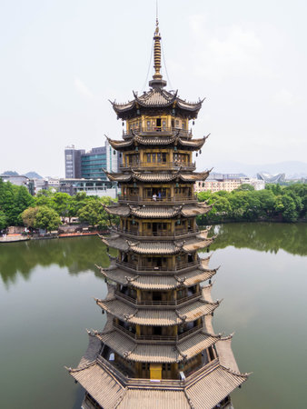 View of The Sun and Moon Pagodas on the Shan Lake. In Guilin, Chinaの写真素材