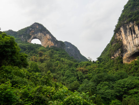 View of the Moon Hill on the Yueliang Mountain in Yangshuo, Guangxi, Chinaの写真素材