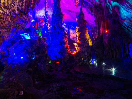 View of the interior of the Reed Flute Cave. In Guilin, Chinaの写真素材