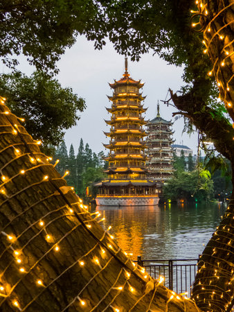View of The Sun and Moon Pagodas on the Shan Lake. In Guilin, Chinaの写真素材