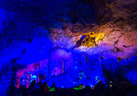 View of the interior of the Reed Flute Cave. In Guilin, Chinaの写真素材