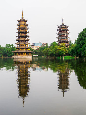 View of The Sun and Moon Pagodas on the Shan Lake. In Guilin, Chinaの写真素材