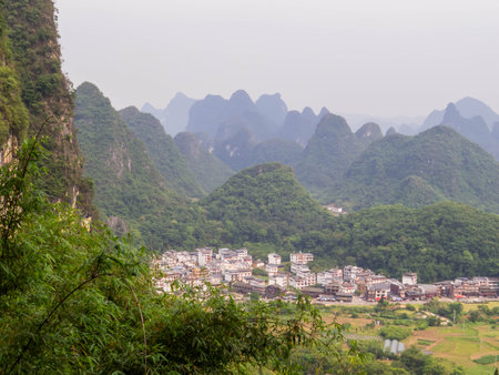 Village near the Moon Hill on the Yueliang Mountain in Yangshuo, Guangxi, Chinaの写真素材