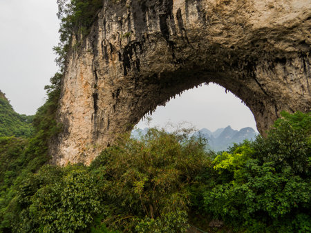 View of the Moon Hill on the Yueliang Mountain in Yangshuo, Guangxi, Chinaの写真素材