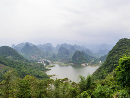 View of the Xitang Reservoir in Guangxi, Chinaの写真素材