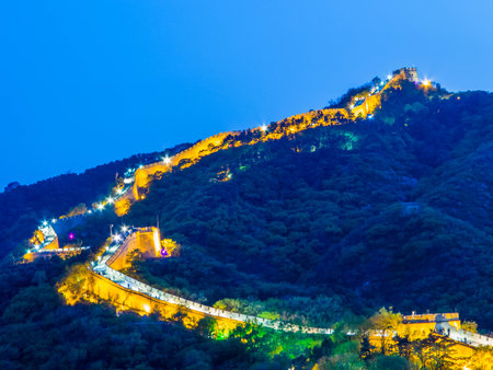 Night view of the Badaling Great Wall. Section of the Great Wall of China near Beijingの写真素材