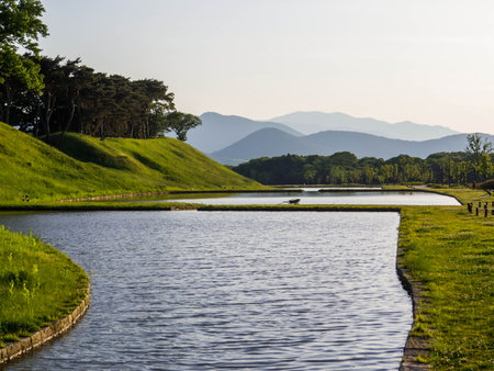 View of the Tumuli Park in Gyeongju, South Koreaの写真素材