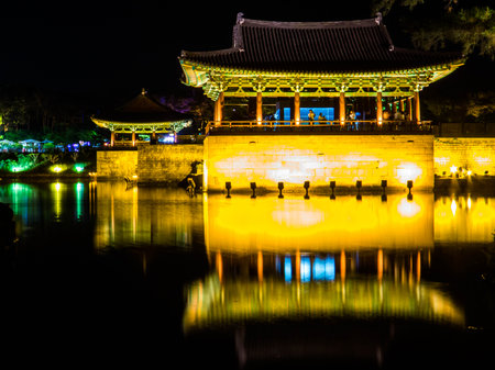 Night view of the Donggung Palace and Wolji Pond. In Gyeongju, South Koreaの写真素材