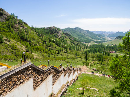 View from the Aryapal Buddhist Temple in the Gorkhi Terelj National Park, Mongoliaの写真素材