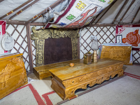 View of the interior of a Mongolian Yurt in the Chinggis Khaan Statue Complex, Ulaanbaatarの写真素材