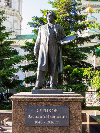 View of the Vasily Ivanovich Surikov statue in Krasnoyarsk, Russiaの写真素材
