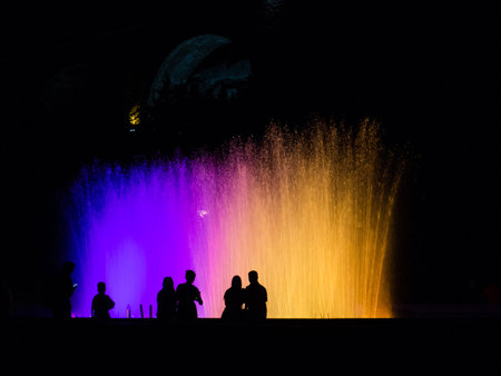 People silhouette at night in front of colorful fountain in the Rike Park in Tbilisi, Georgiaの写真素材