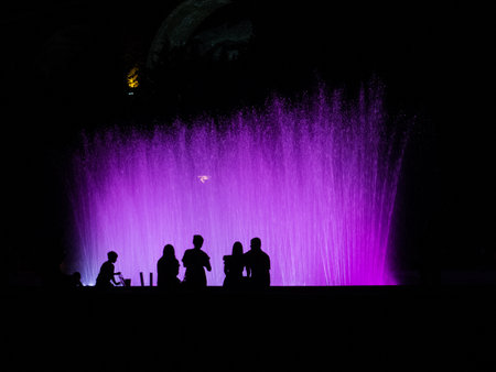 People silhouette at night in front of colorful fountain in the Rike Park in Tbilisi, Georgiaの写真素材