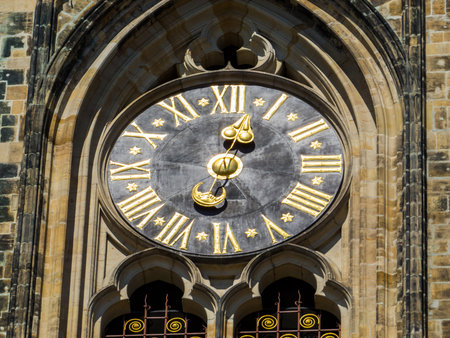Close up of the clock in St. Vitus Cathedral. In Prague, Czech Republic