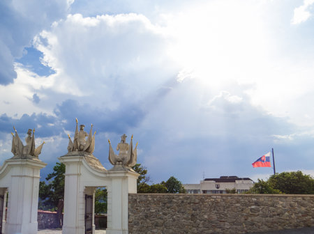 Statues of Roman Soldiers in front of the Bratislava Castleの写真素材