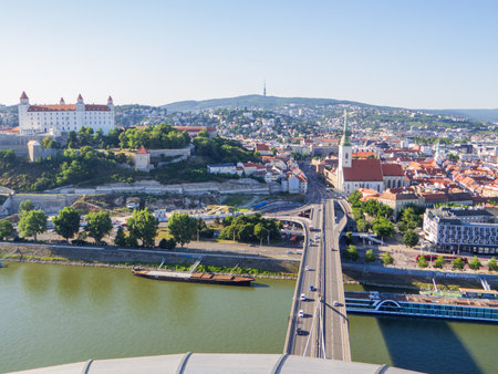City aerial view from the top of the Most SNP (UFO Bridge Tower). In Bratislava, Slovakiaの写真素材